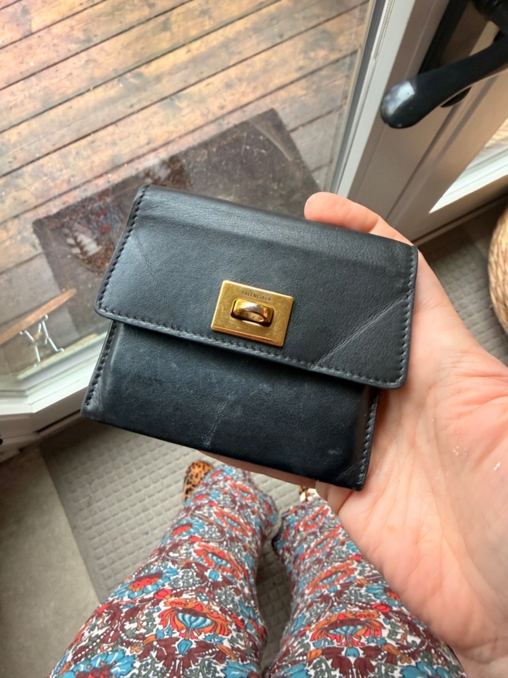 Balenciaga Black Leather Fold Wallet with Gold Turn-Lock Plate